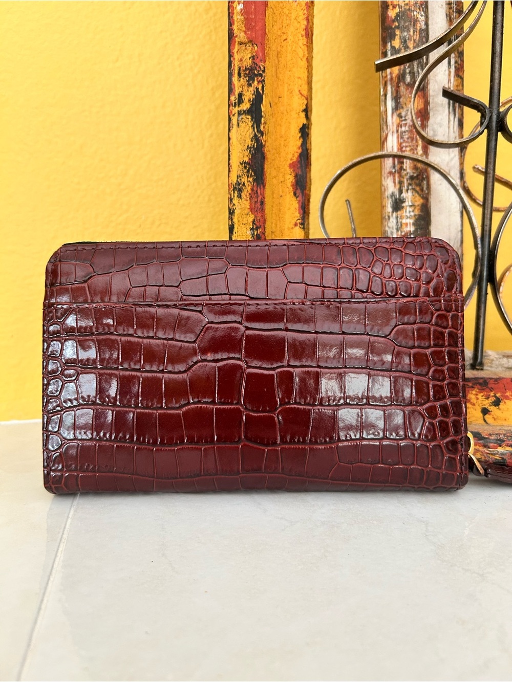 Sézane Victoria Wallet | Burgundy Crocodile Print Leather | Made in Portugal - Picture 5 of 11
